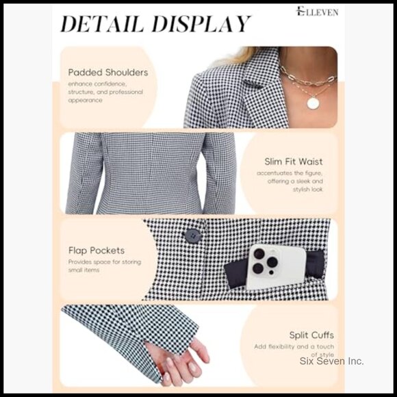 Polyester Lapel Collar Plaid Boyfriend Blazer Houndstooth Work Office Jacket - Picture 5 of 7